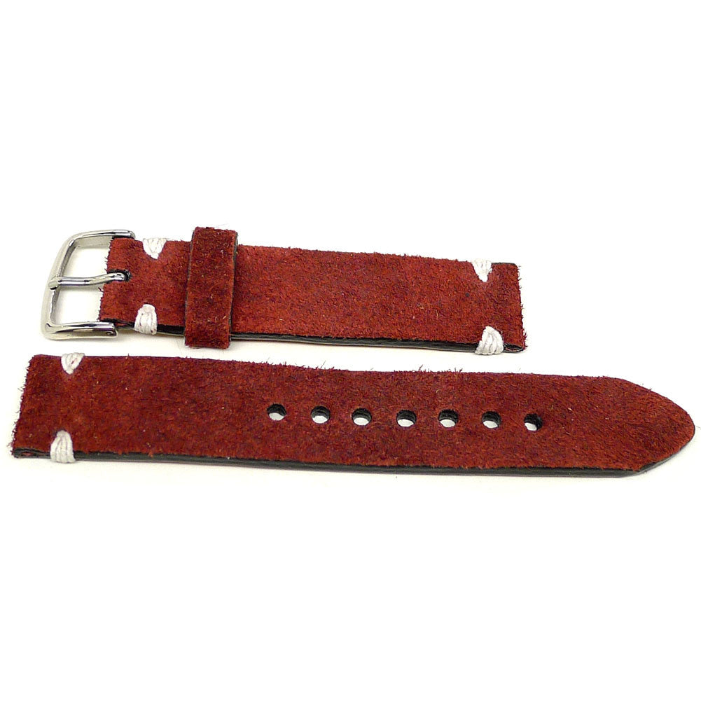 Auxville watch strap in red with a textured surface and white accent stitches, two pieces laid flat.