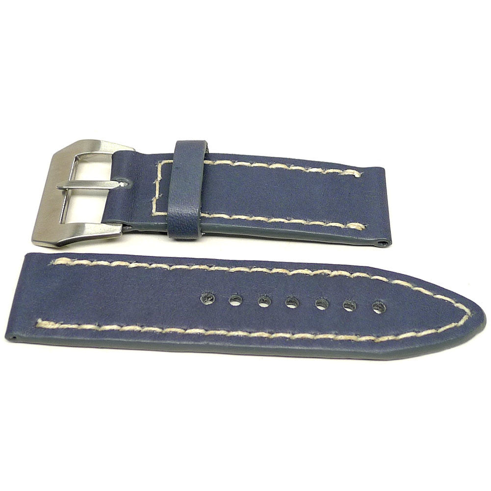 Batshuyi watch strap in dark blue with cream edge stitching, two pieces laid flat.