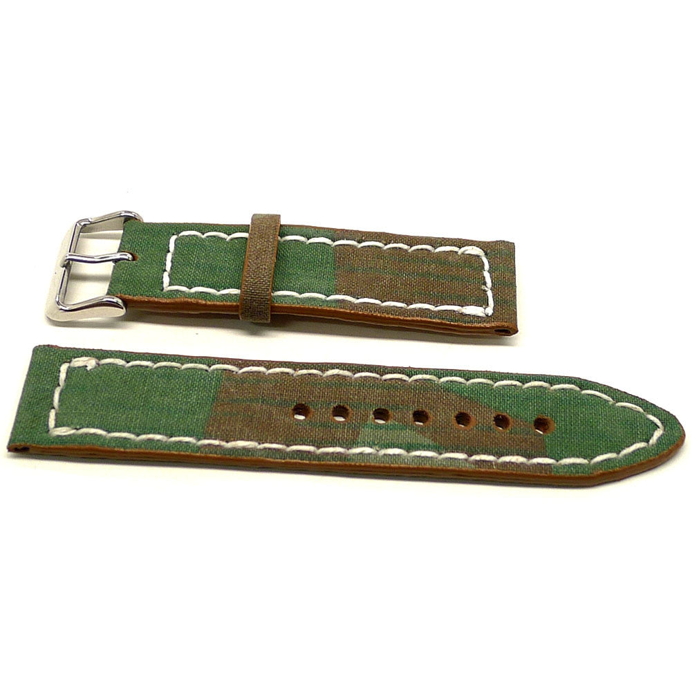 Benton watch strap in green with brown edges and white stitching, two pieces laid flat.