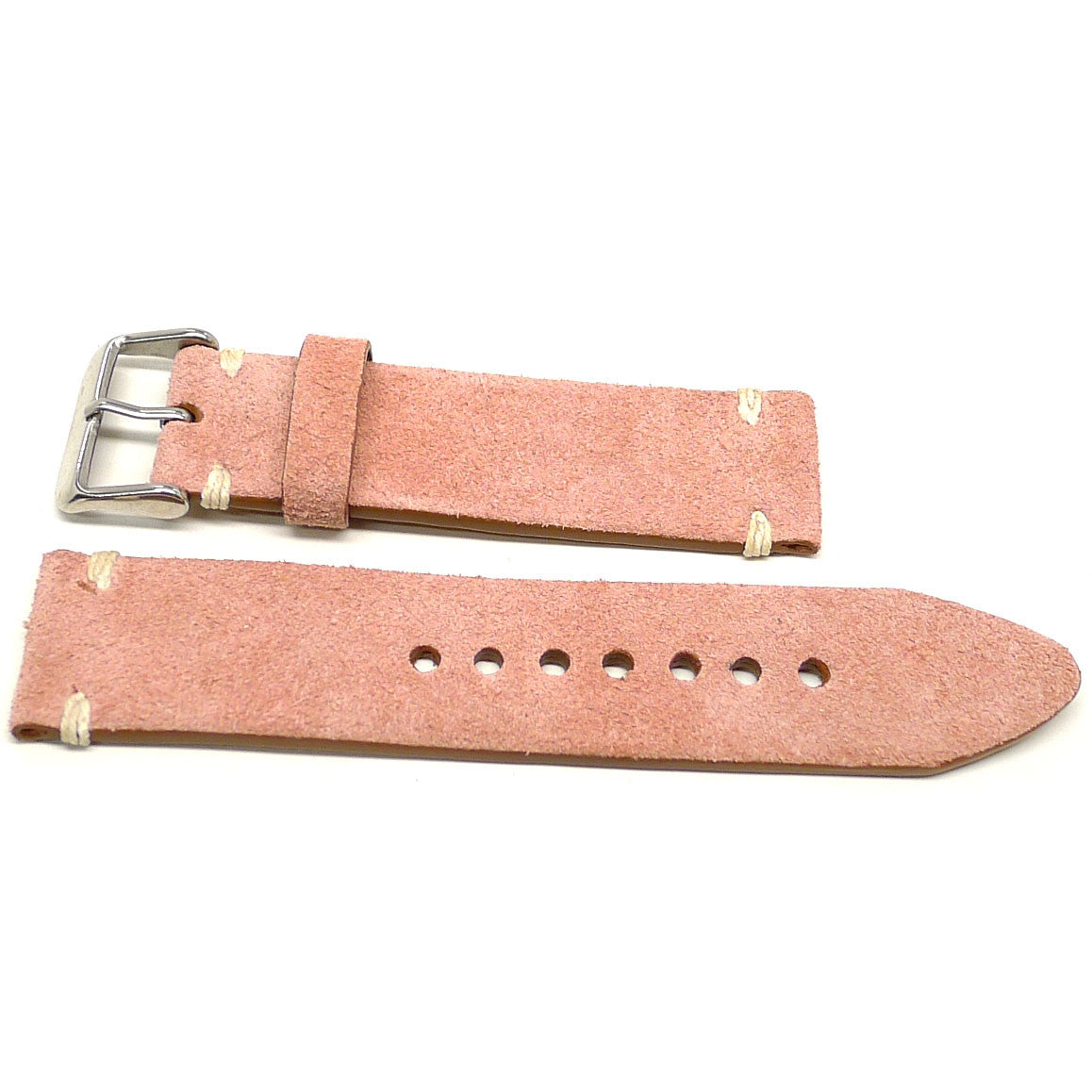 Bhommen watch strap in pink with a textured surface and cream accent stitches, two pieces laid flat.