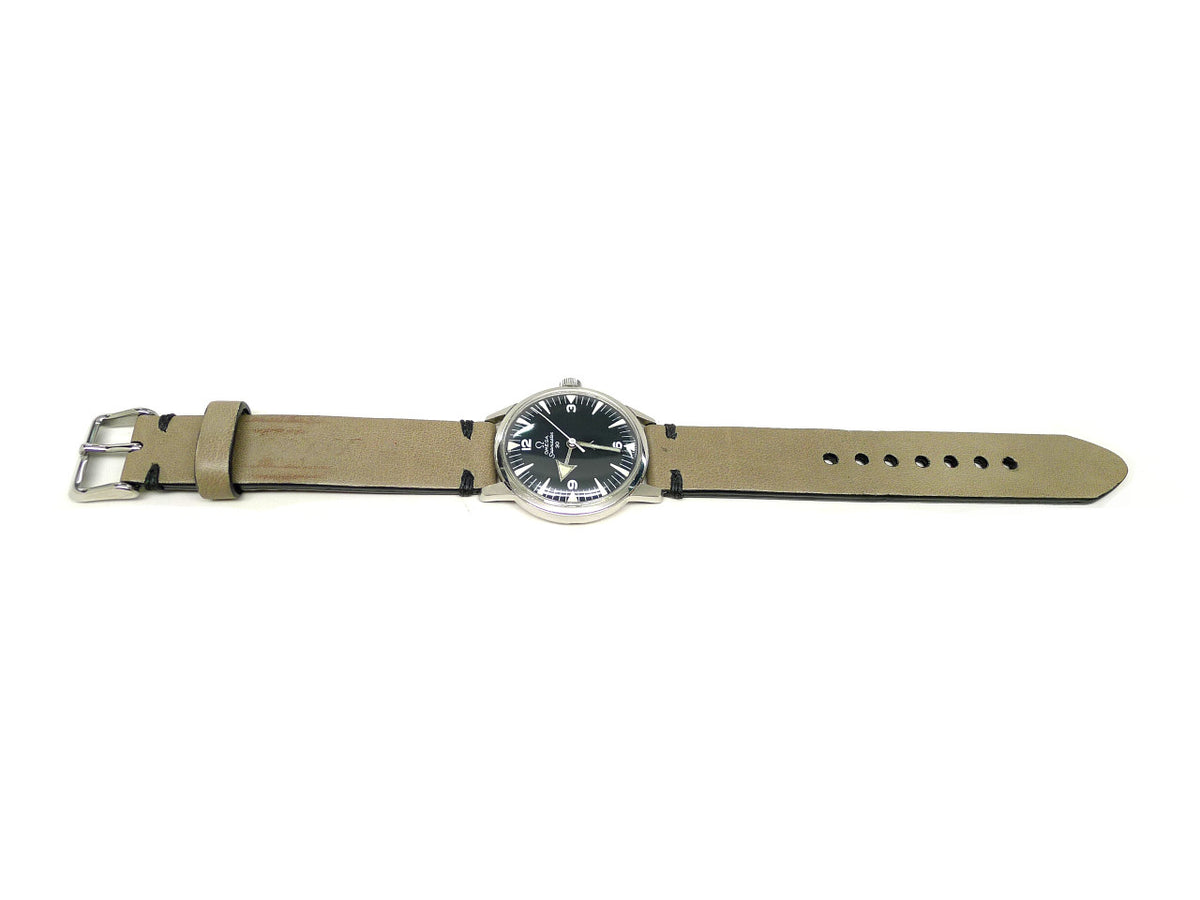 Bradshire watch strap in khaki with dark accent stitches, shown fitted to a watch.
