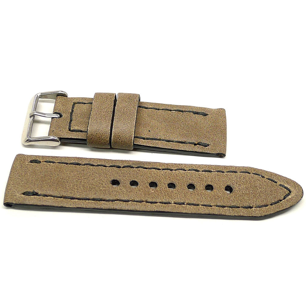 Burdu watch strap in tan with dark edge stitching, two pieces laid flat.