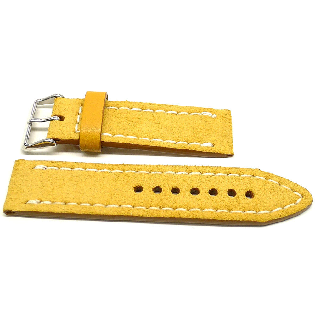 Deerlow watch strap in yellow with cream edge stitching, two pieces laid flat.