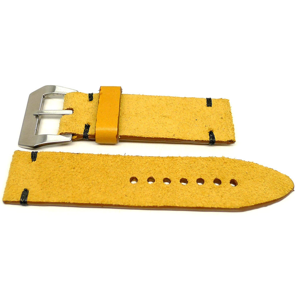 Demeter watch strap in yellow with a textured surface and dark accent stitches, two pieces laid flat.