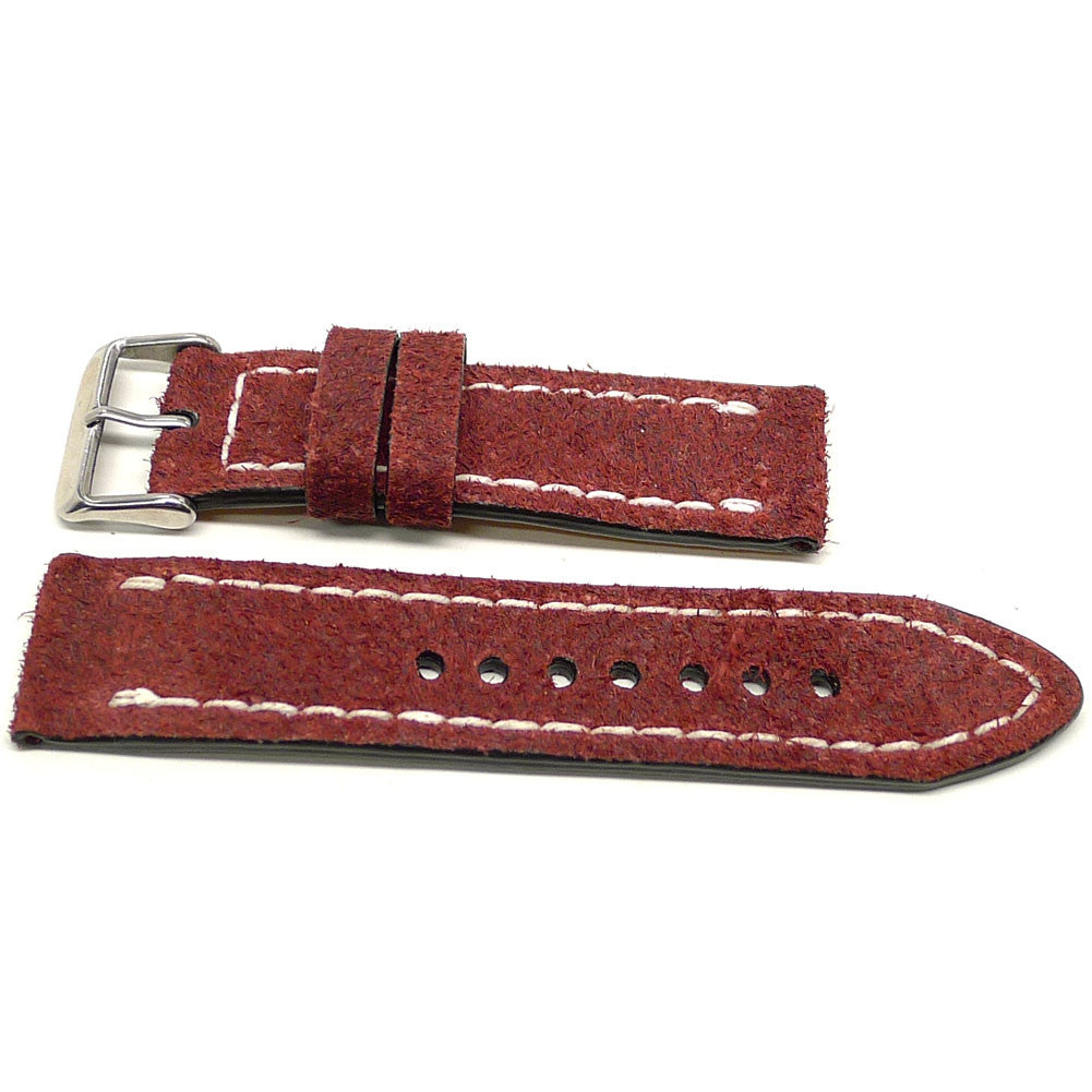 Efloot watch strap in red with a textured surface and cream edge stitching, two pieces laid flat.