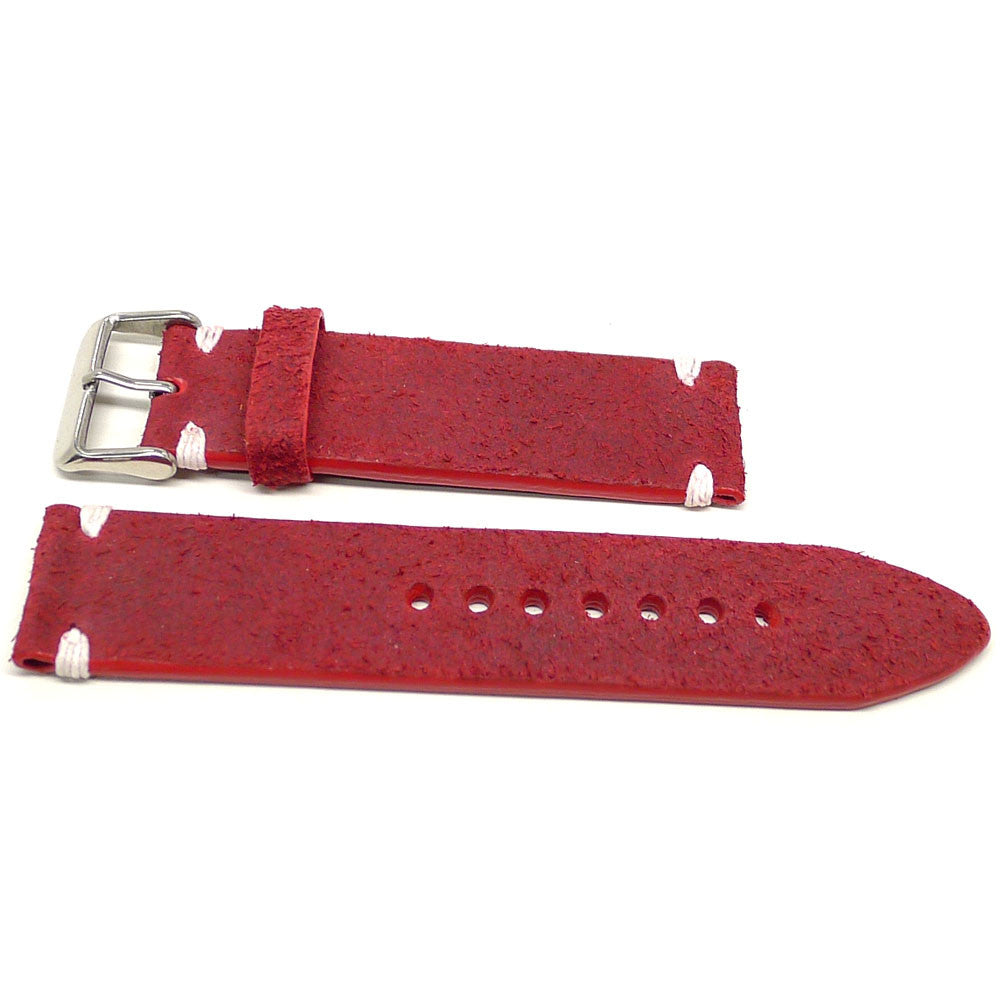 Flebboh watch strap in red with a textured surface and white accent stitches, two pieces laid flat.