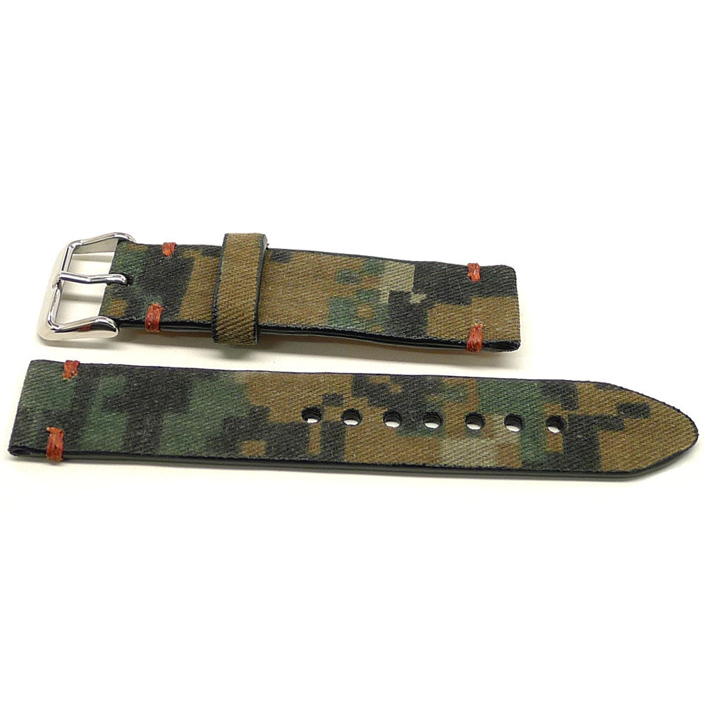 Fleet watch strap in green and brown with a block camouflage pattern and orange accent stitches, two pieces laid flat.