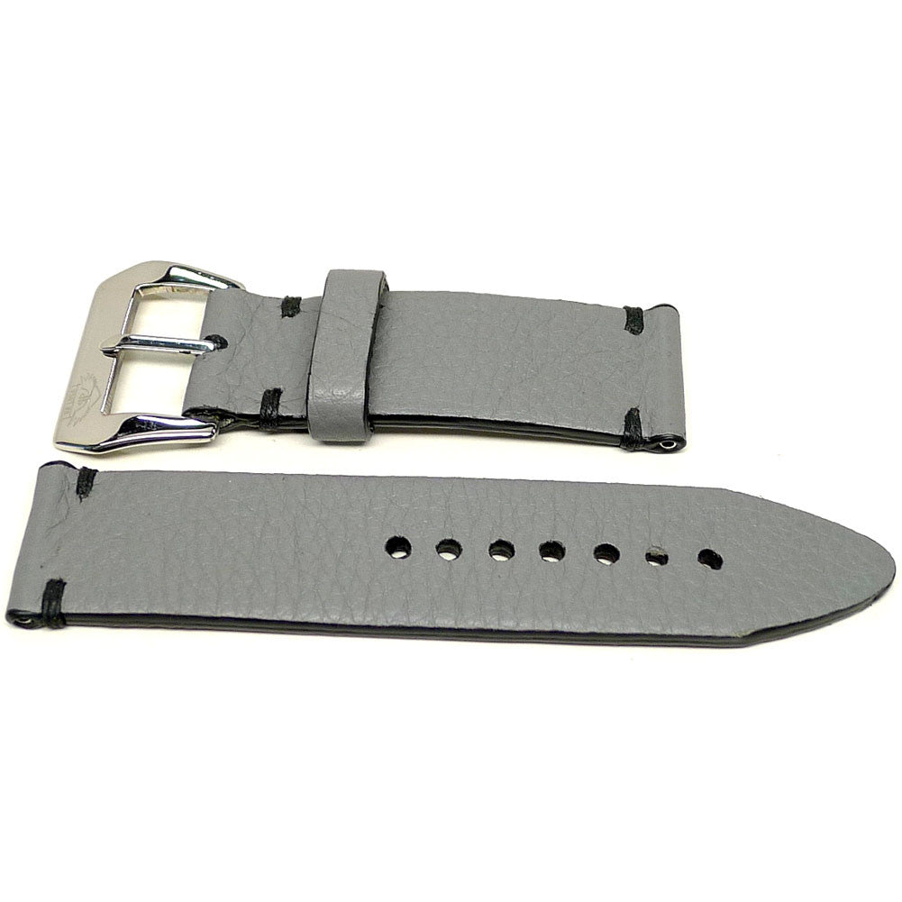 Griseo watch strap in gray with dark accent stitches, two pieces laid flat.