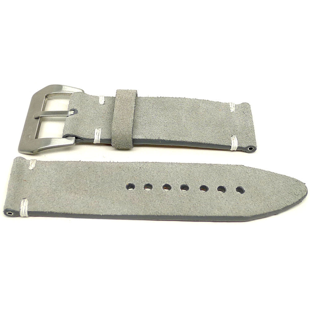 Grit watch strap in light gray with a textured surface and white accent stitches, two pieces laid flat.