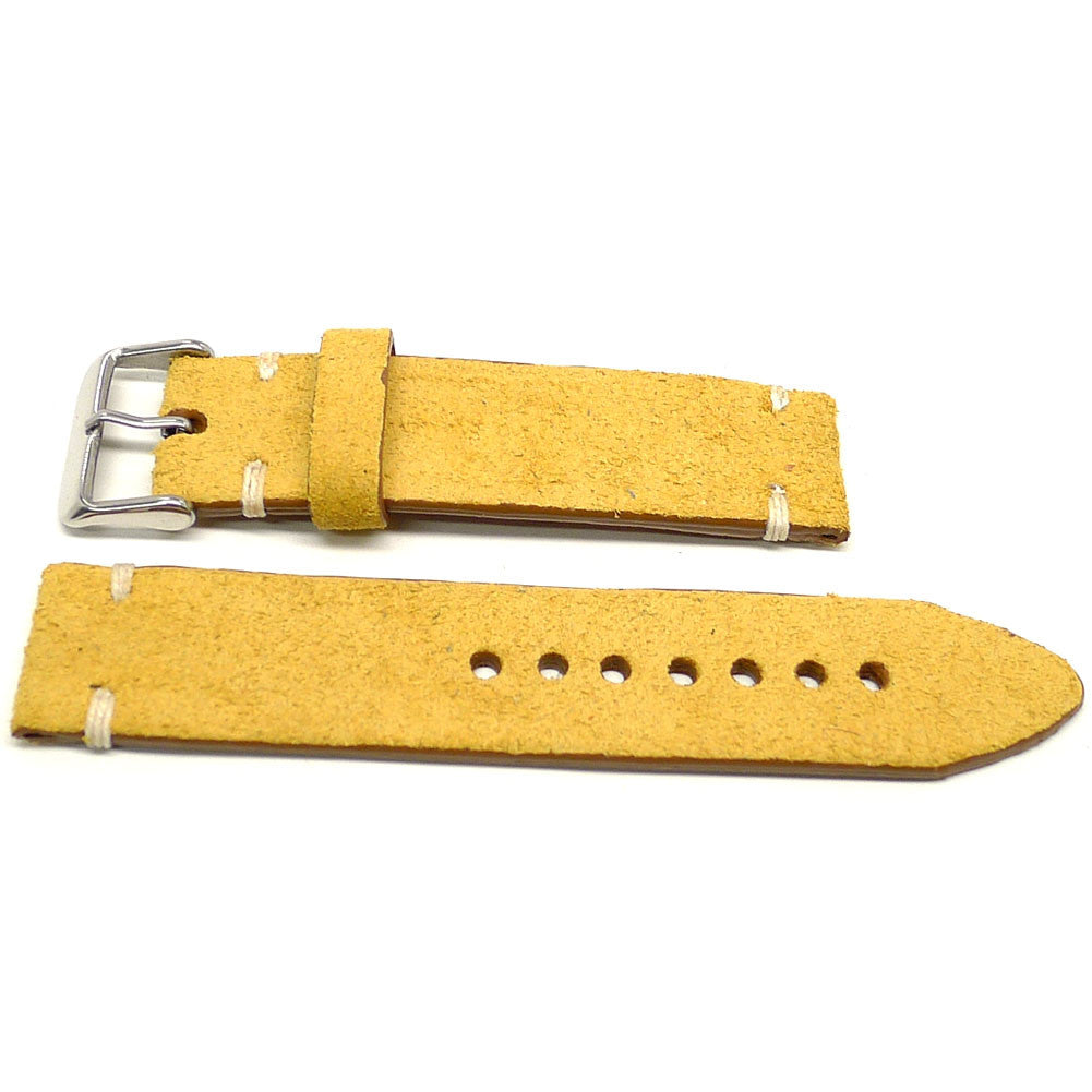 Gruppe watch strap in yellow with a textured surface and cream accent stitches, two pieces laid flat.