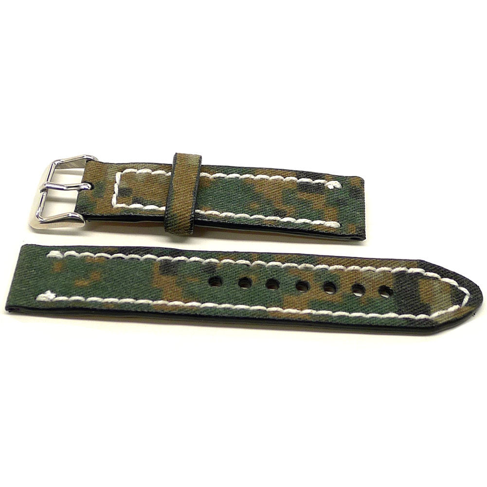 Heint watch strap in green and brown with a camouflage pattern and cream edge stitching, two pieces laid flat.