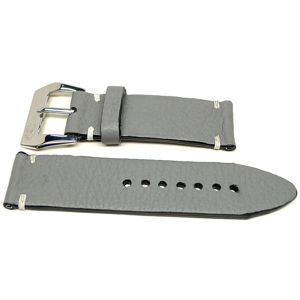 Lapis watch strap in gray with white accent stitches, two pieces laid flat.