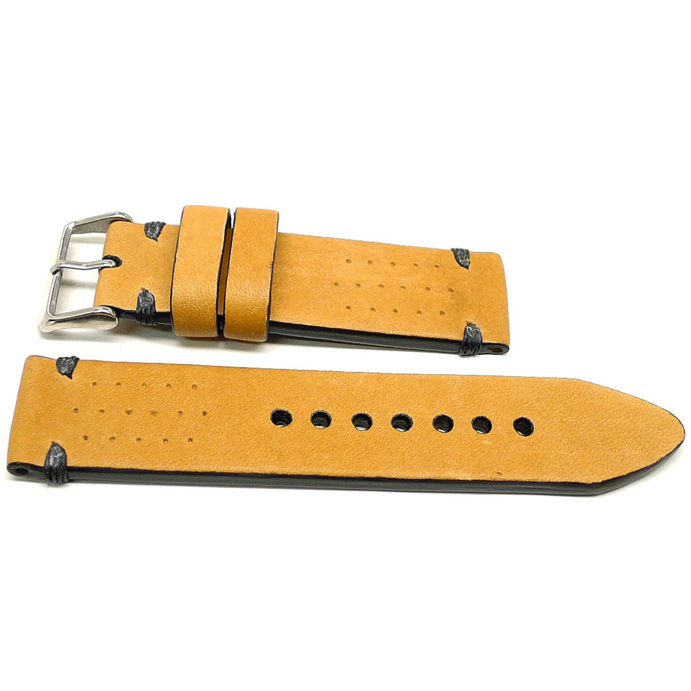 Marchaun watch strap in yellow with small perforations and dark accent stitches, two pieces laid flat.