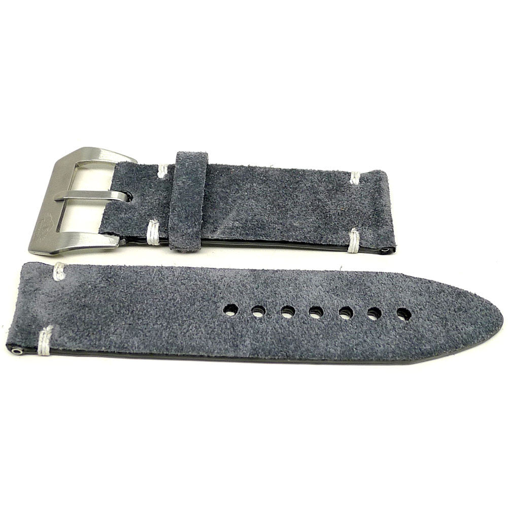 Natta watch strap in charcoal gray with a textured surface and white accent stitches, two pieces laid flat.