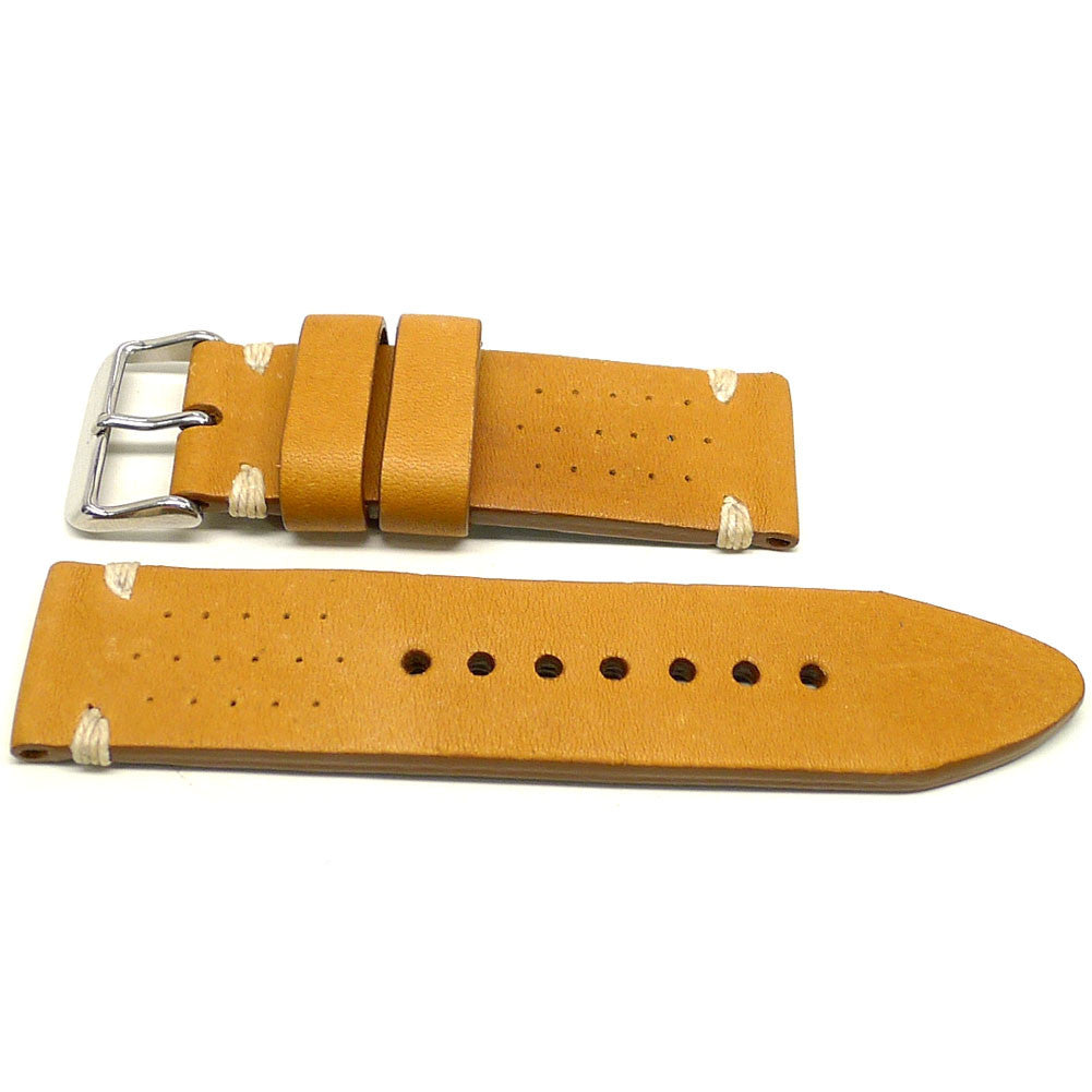 Optix watch strap in yellow with small perforations and cream accent stitches, two pieces laid flat.