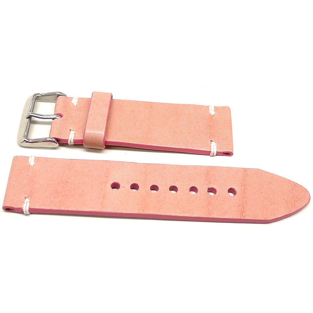 Polow watch strap in pink with white accent stitches, two pieces laid flat.