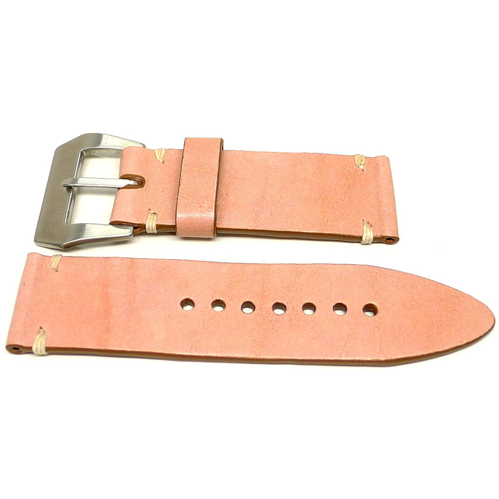 Porcus watch strap in pink with cream accent stitches, two pieces laid flat.