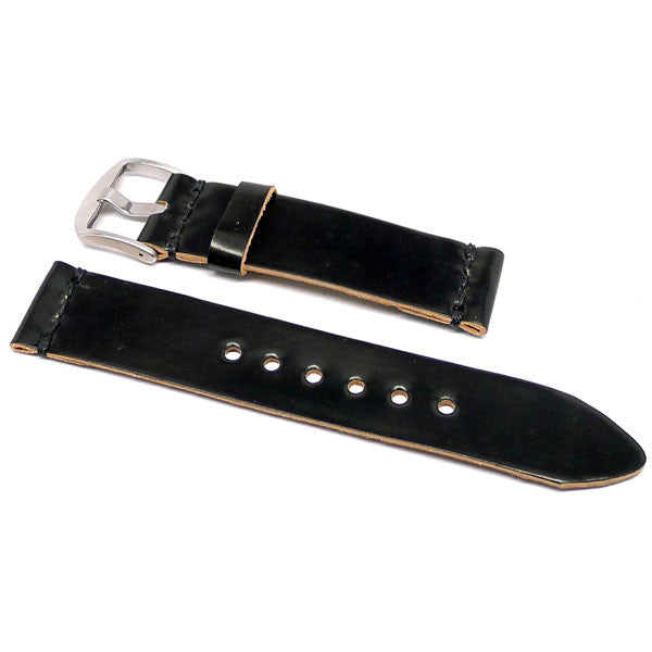 Black Shell Cordovan Watch Strap w/ Top Black Stitching and Brushed Buckle