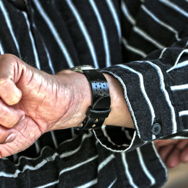A Genuine Handmade Horween Shell Cordovan Rally Watch Band In Black By DaLuca Straps.