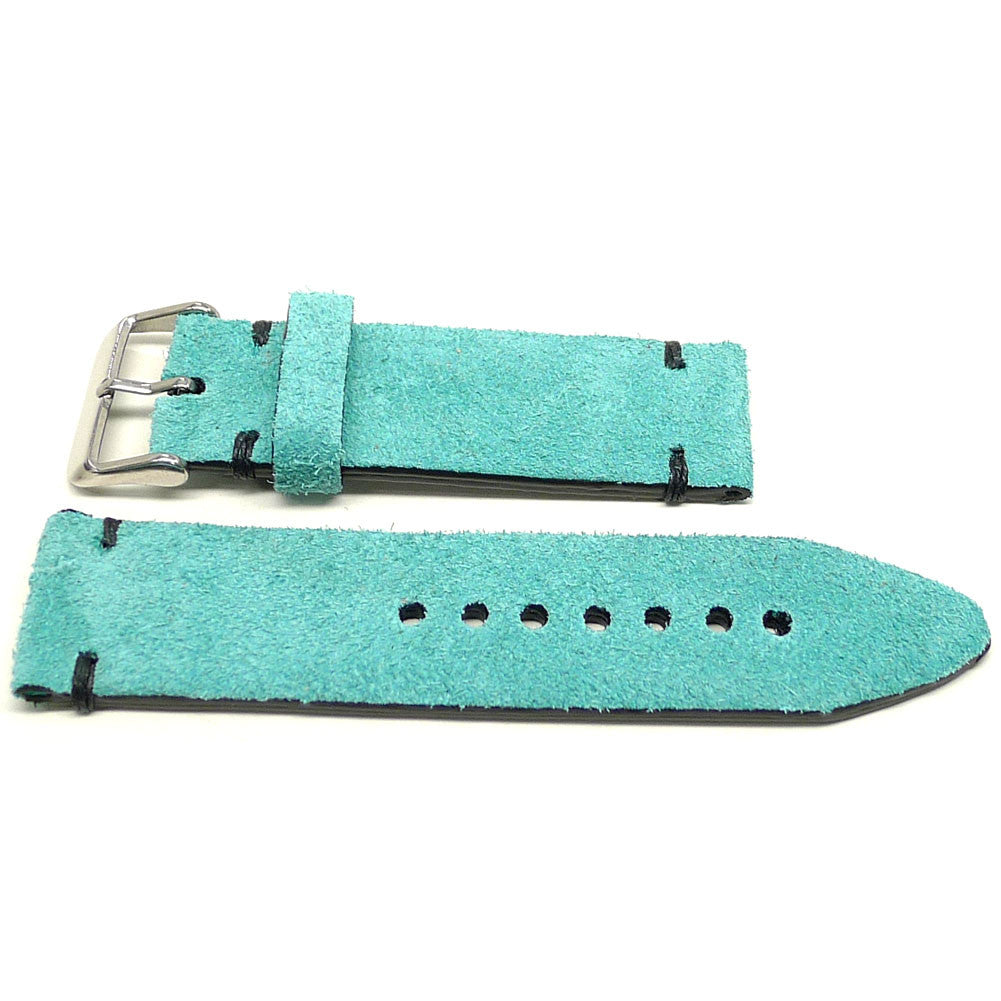 Shlockey watch strap in turquoise with a textured surface and dark accent stitches, two pieces laid flat.