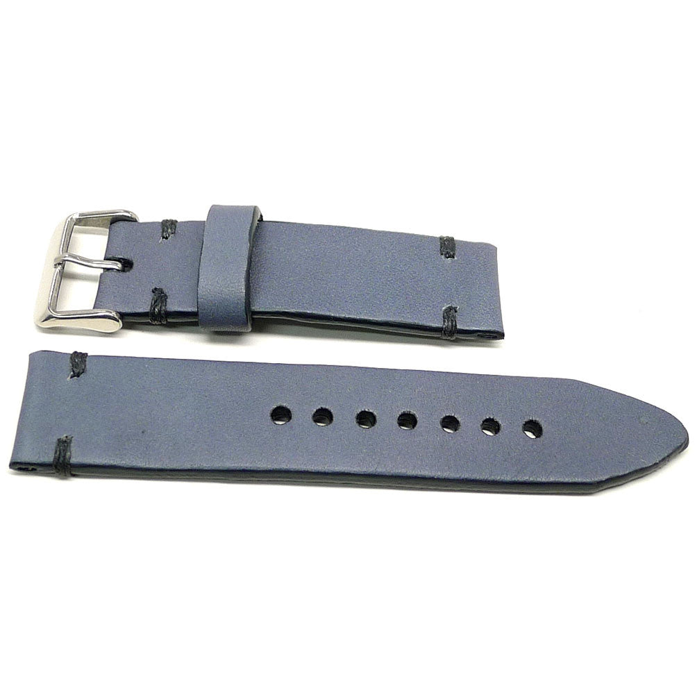 Sleutheo watch strap in blue gray with dark accent stitches, two pieces laid flat.