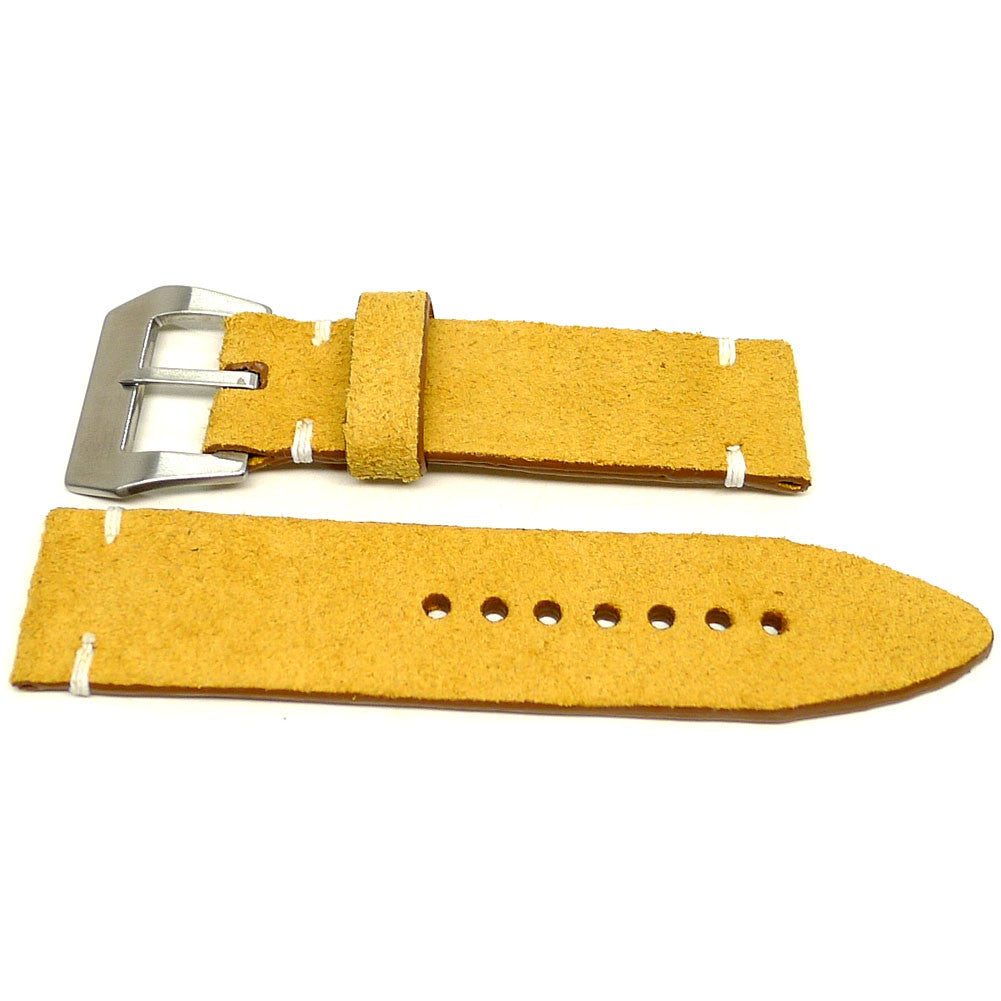 Solis watch strap in yellow with a textured surface and white accent stitches, two pieces laid flat.