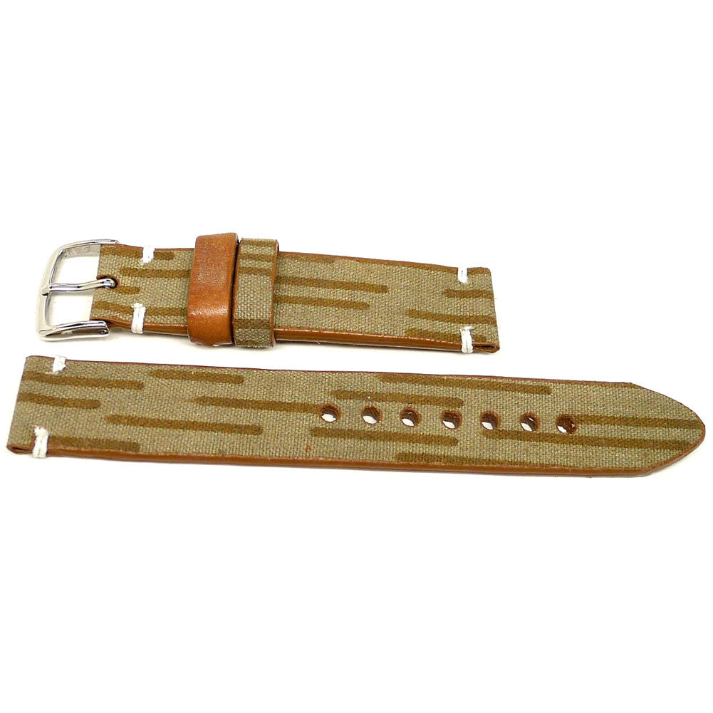 Surge watch strap in tan with brown stripes and a brown keeper, two pieces laid flat.