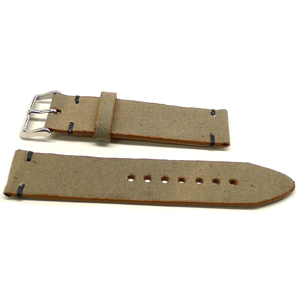 Ticonderoga watch strap in taupe with a textured surface and dark accent stitches, two pieces laid flat.