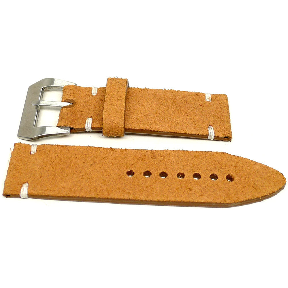 Tuscend watch strap in tan with a textured surface and cream accent stitches, two pieces laid flat.