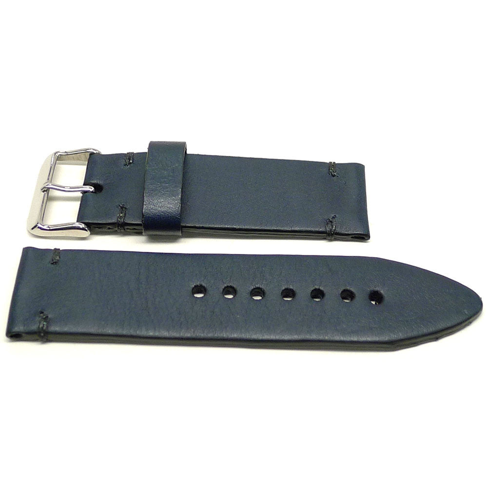 Verdeno watch strap in dark blue with dark accent stitches, two pieces laid flat.