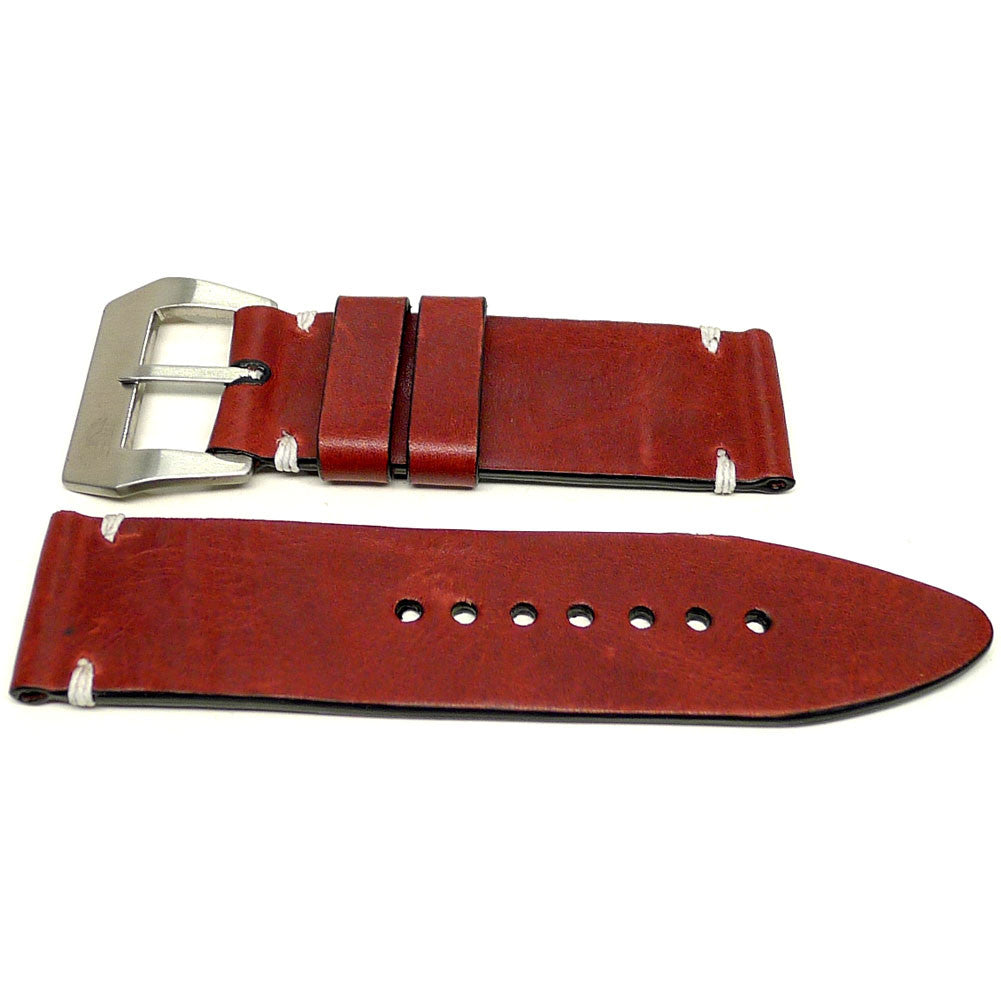 Vinum watch strap in dark red with cream accent stitches, two pieces laid flat.