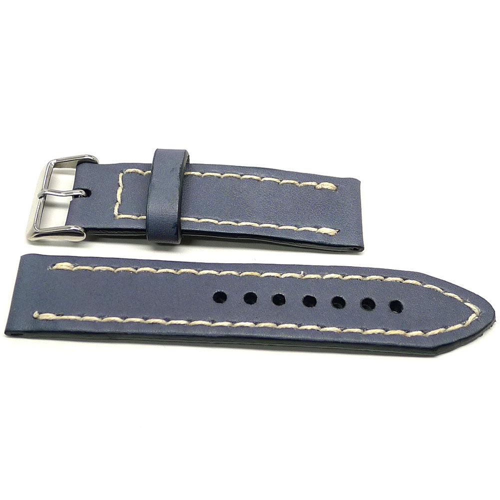 Vlossom watch strap in blue gray with cream edge stitching, two pieces laid flat.