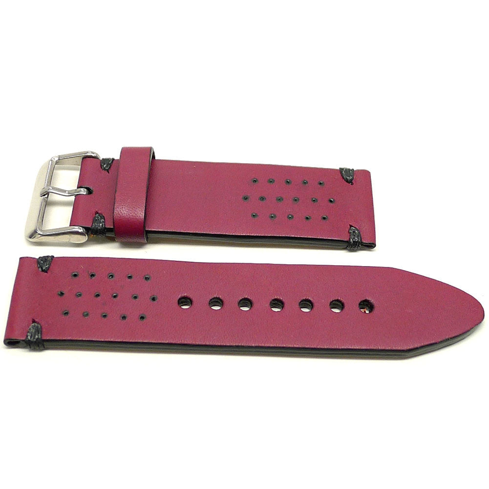 Vyolent watch strap in burgundy with small perforations and dark accent stitches, two pieces laid flat.