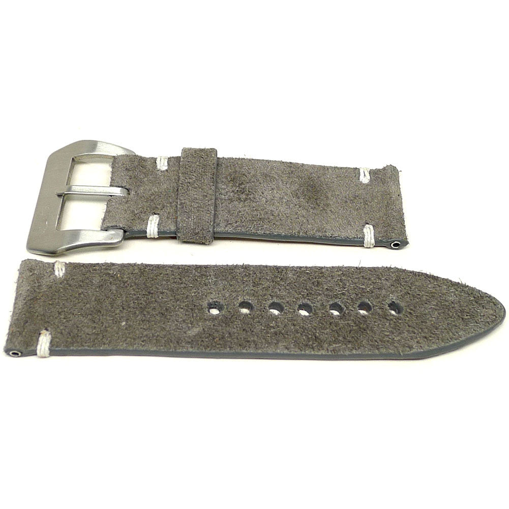 Wax watch strap in gray brown with a textured surface and white accent stitches, two pieces laid flat.