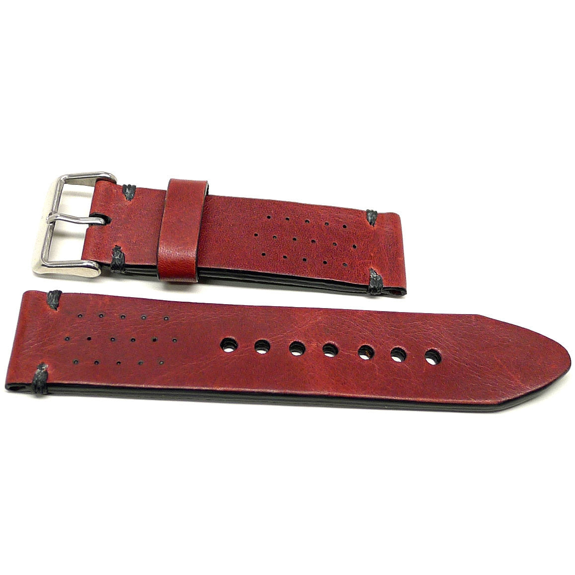 Woddio watch strap in dark red with small perforations and dark accent stitches, two pieces laid flat.
