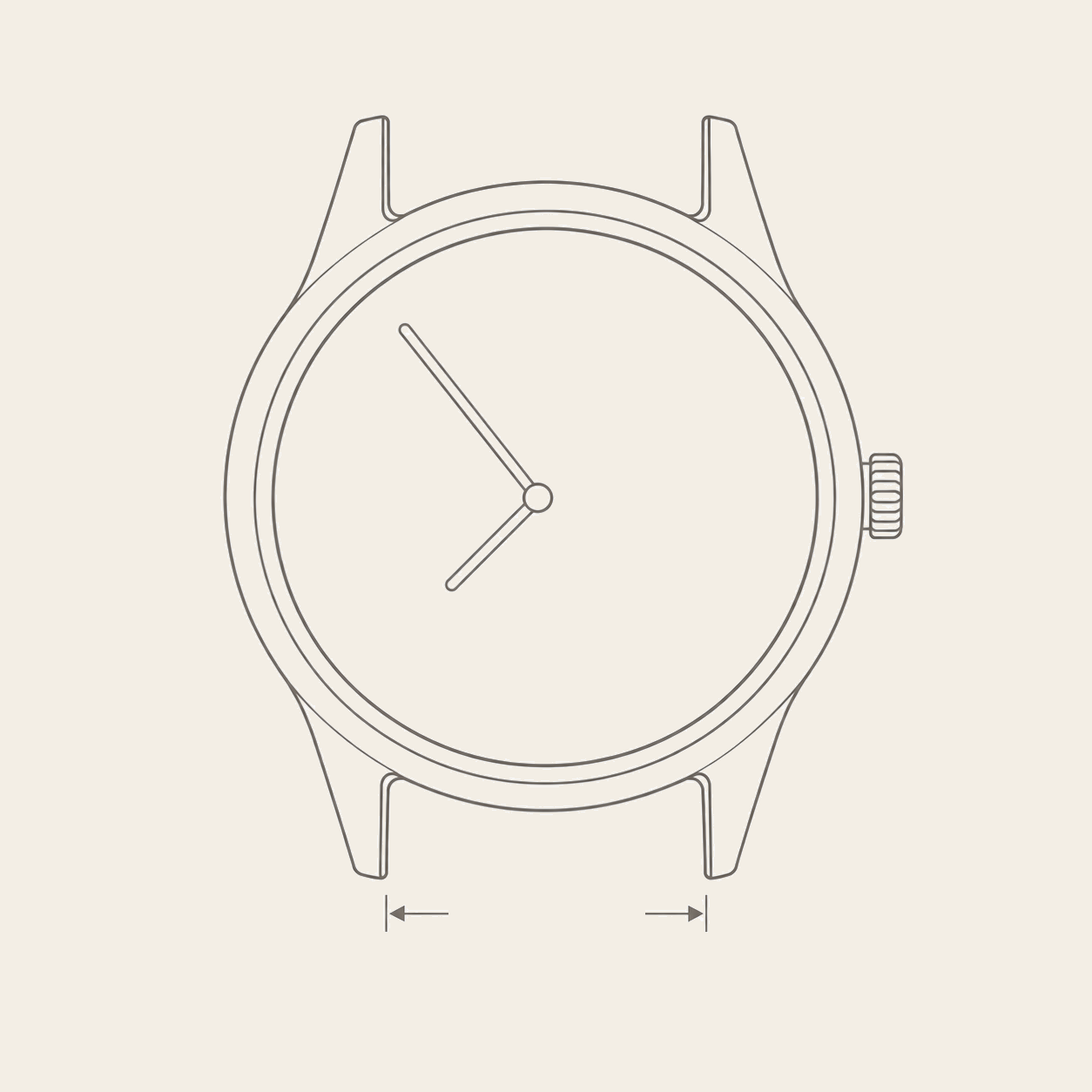 Watch drawing with a measurement line between the inside edges of the lower lugs