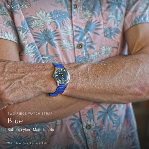 DA LUCA Two Piece Ballistic Nylon Military Watch Strap - Blue. Official product film with readable details. #Color_Blue (Nylon 2P Matte)
