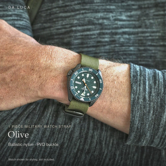 DA LUCA Ballistic Nylon Military 1 Piece Watch Strap - Olive (PVD Buckle). Official product film with readable details. #Color_Olive (Nylon 1P PVD)