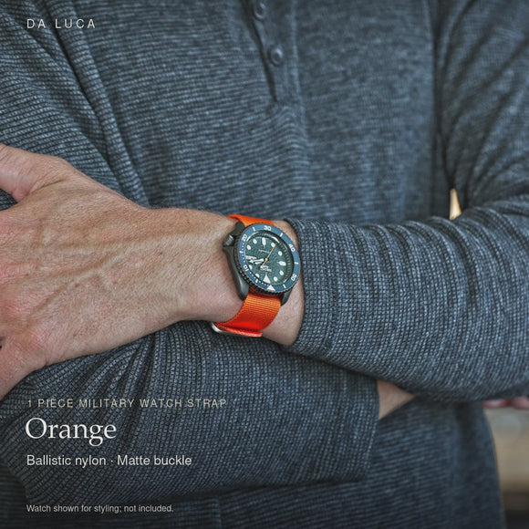 DA LUCA Ballistic Nylon Military 1 Piece Watch Strap - Orange (Matte Buckle). Official product film with readable details. #Color_Orange (Nylon 1P Matte)