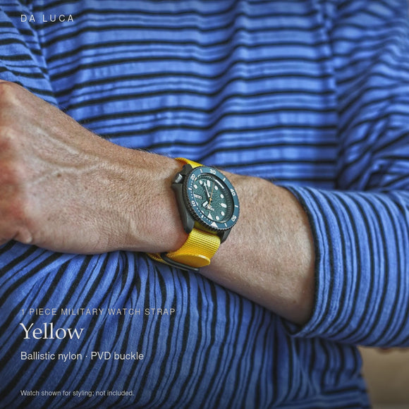 DA LUCA Ballistic Nylon Military 1 Piece Watch Strap - Yellow (PVD Buckle). Official product film with readable details. #Color_Yellow (Nylon 1P PVD)