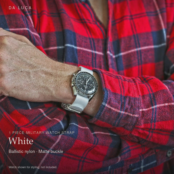 DA LUCA Ballistic Nylon Military 1 Piece Watch Strap - White (Matte Buckle). Official product film with readable details. #Color_White (Nylon 1P Matte)