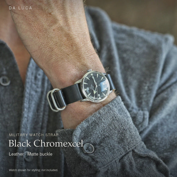 DA LUCA Leather Military Watch Strap - Black Chromexcel (Matte Buckle). Official product film with readable details. #Color_Black Chromexcel (Leather Matte)
