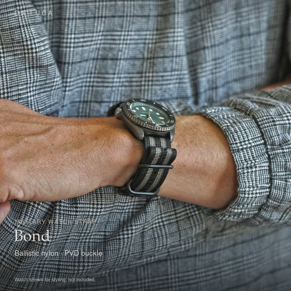 DA LUCA Ballistic Nylon Military Watch Strap - Bond (PVD Buckle). Official product film with readable details. #Color_Bond (Nylon PVD)