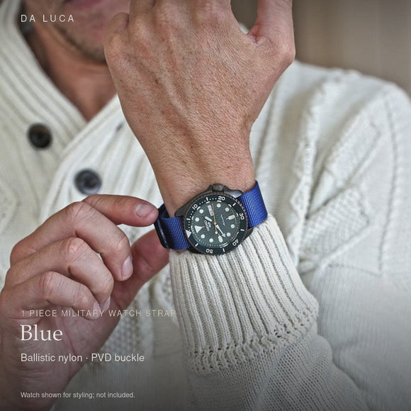 DA LUCA Ballistic Nylon Military 1 Piece Watch Strap - Blue (PVD Buckle). Official product film with readable details. #Color_Blue (Nylon 1P PVD)
