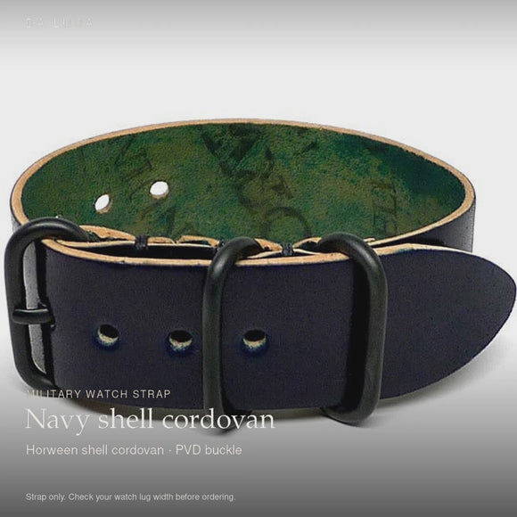 DA LUCA Shell Cordovan 1 Piece Military Watch Strap - Navy (PVD Buckle). Official product film with readable details. #Color_Navy (Shell 1P PVD)