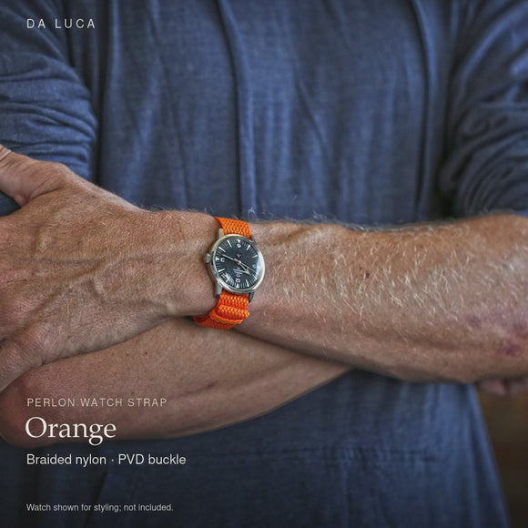 DA LUCA Braided Nylon Perlon Watch Strap - Orange (PVD Buckle). Official product film with readable details. #Color_Orange (Perlon PVD)