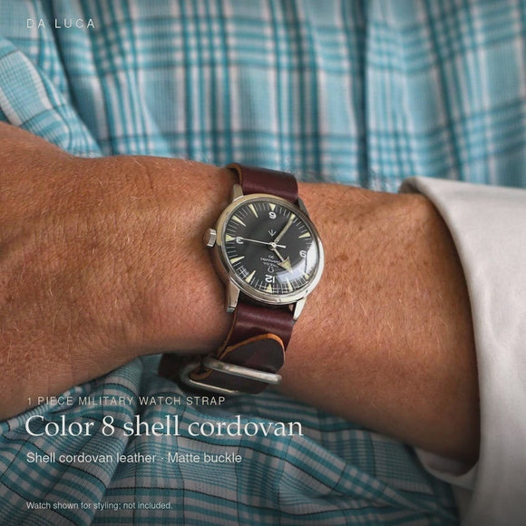 DA LUCA Shell Cordovan 1 Piece Military Watch Strap - Color 8 (Matte Buckle). Official product film with readable details. #Color_Color 8 (Shell 1P Matte)