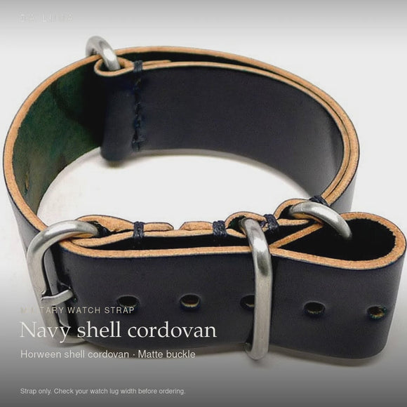 DA LUCA Shell Cordovan Military Watch Strap - Navy (Matte Buckle). Official product film with readable details. #Color_Navy (Shell Matte)