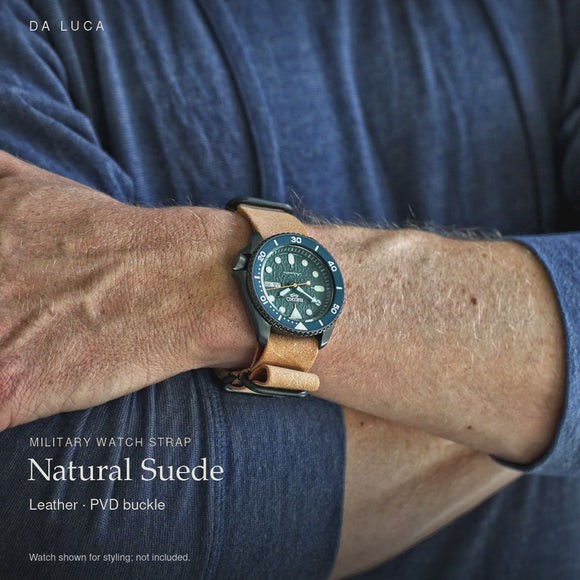 DA LUCA Leather Military Watch Strap - Natural Suede (PVD Buckle). Official product film with readable details. #Color_Natural Essex Suede (Leather PVD)