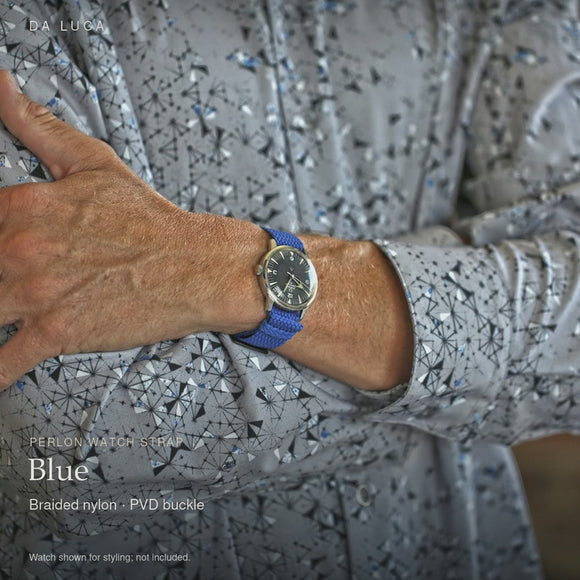 DA LUCA Braided Nylon Perlon Watch Strap - Blue (PVD Buckle). Official product film with readable details. #Color_Blue (Perlon PVD)